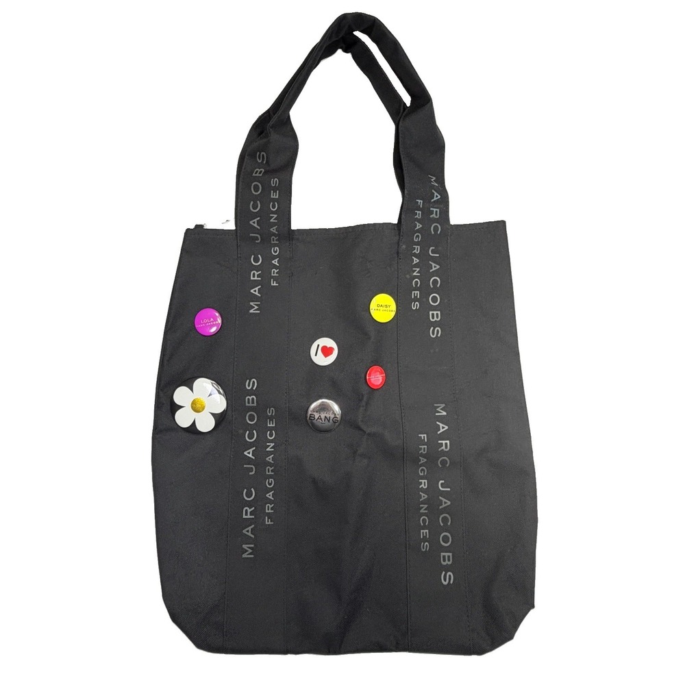 Marc Jacobs Fragrances Black Promotional Tote Bag w/ 6 Pin Buttons 16x18